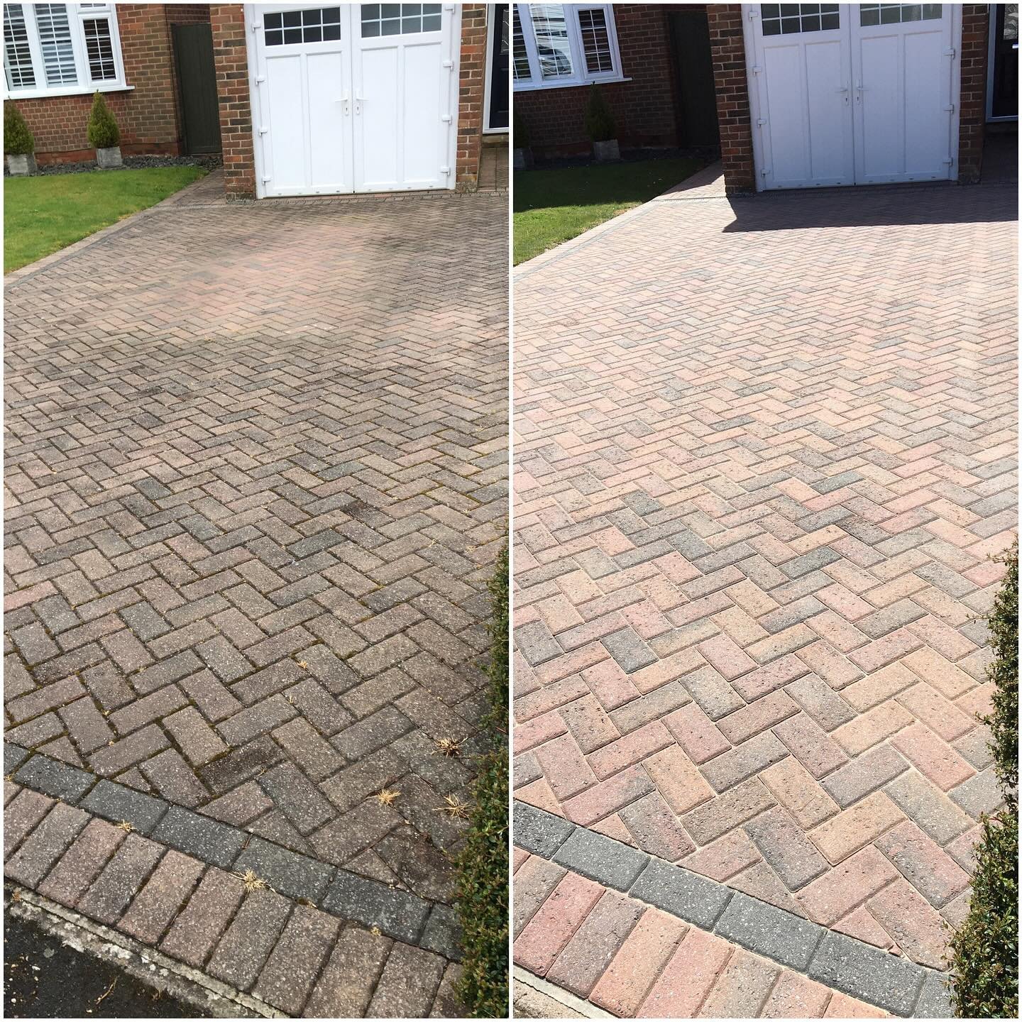 Before and after photo of a driveway being pressure washed