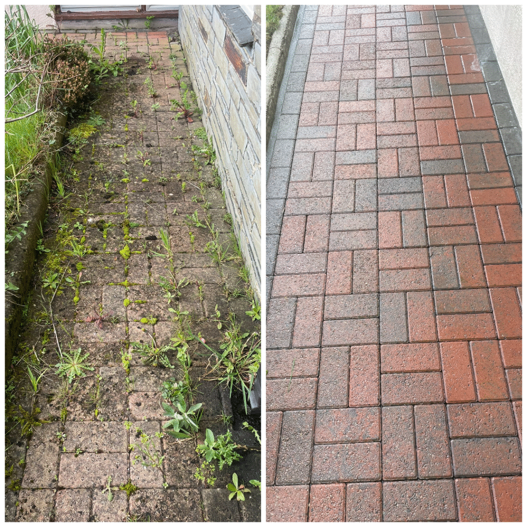 block paving before and after pressure washing in Cornwall