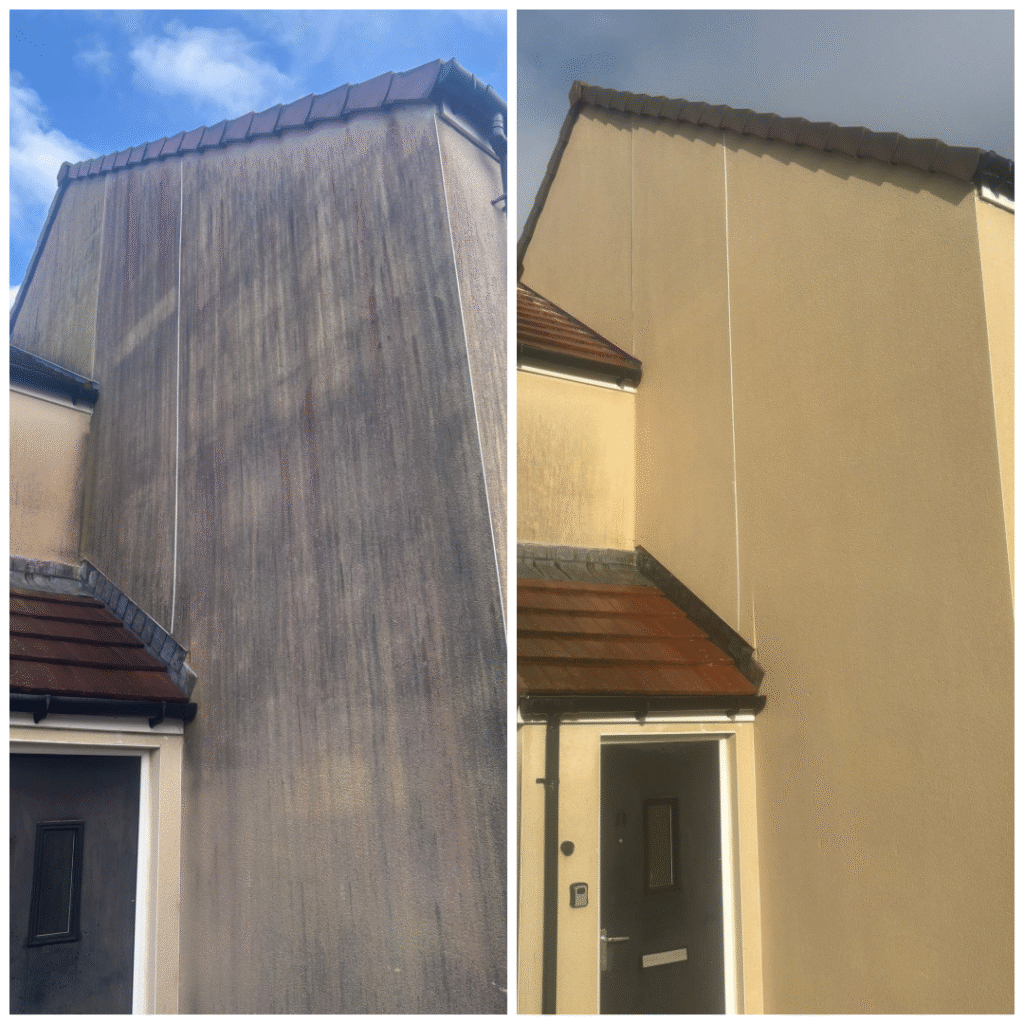 Render cleaning before and after in Hayle, Cornwall