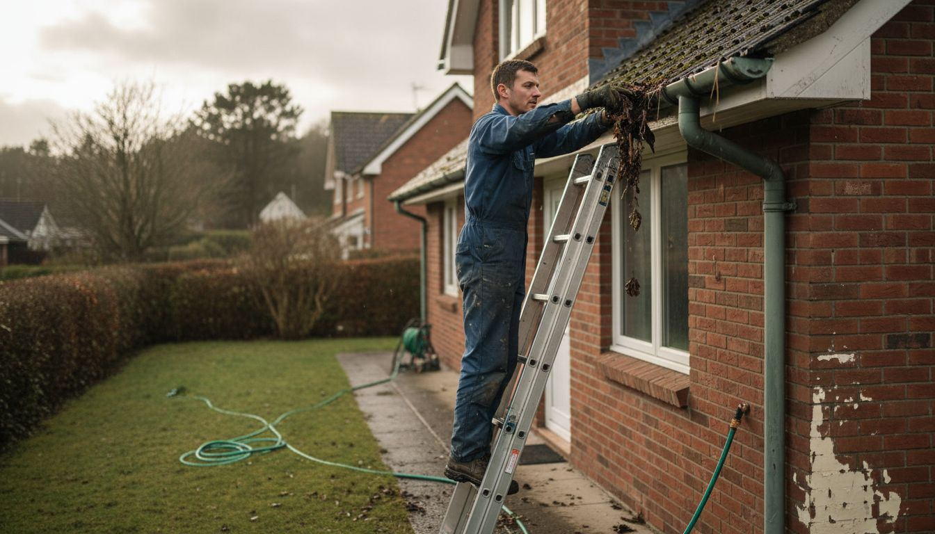 Technician cleaning out house gutters on a ladder