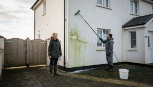 Professional render cleaning on Cornish house exterior