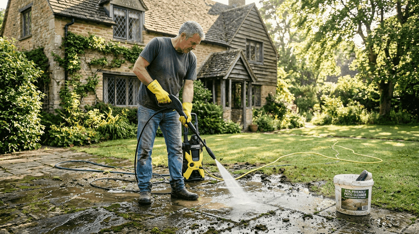 Man pressure washing patio at home