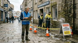 Property manager overseeing exterior cleaning compliance