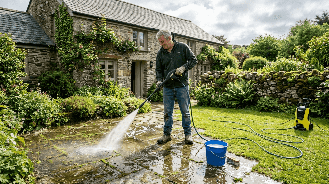 Homeowner jet washing cottage patio Cornwall