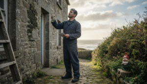 Exterior cleaner inspects Cornish stone house façade