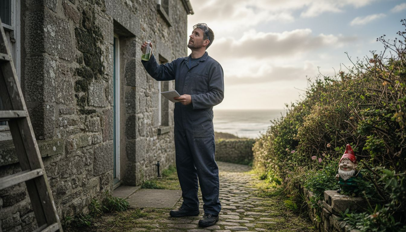 Exterior cleaner inspects Cornish stone house façade