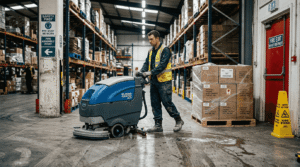 Technician uses floor scrubber in warehouse aisle