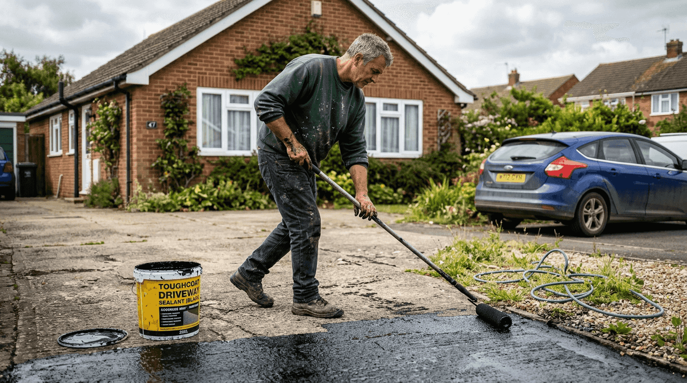 Man sealing driveway with roller and bucket