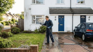 Homeowner cleaning house exterior for curb appeal