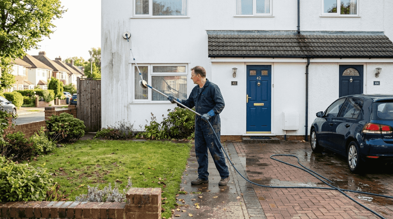 Homeowner cleaning house exterior for curb appeal