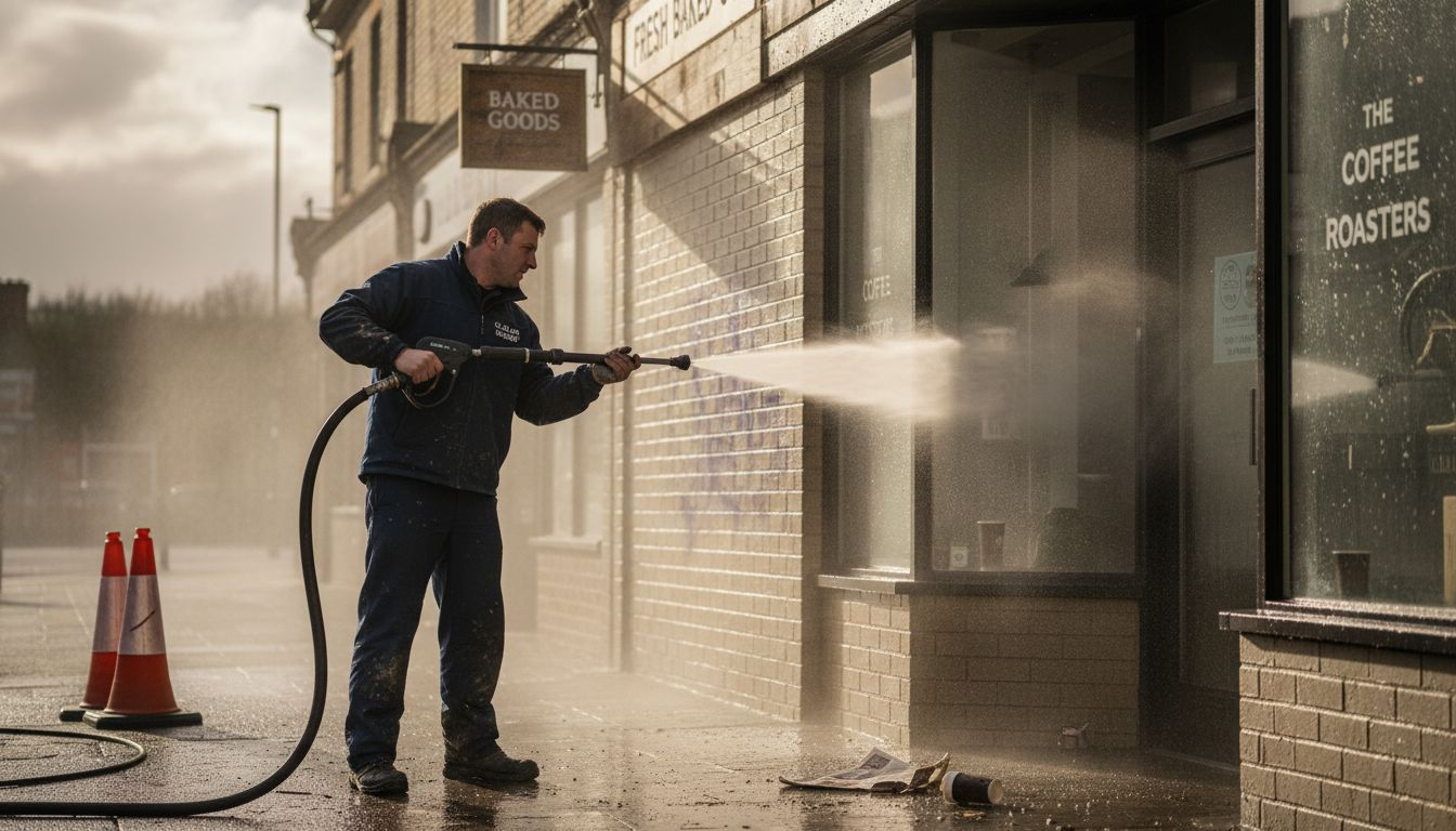 Contractor pressure washing storefront brick wall
