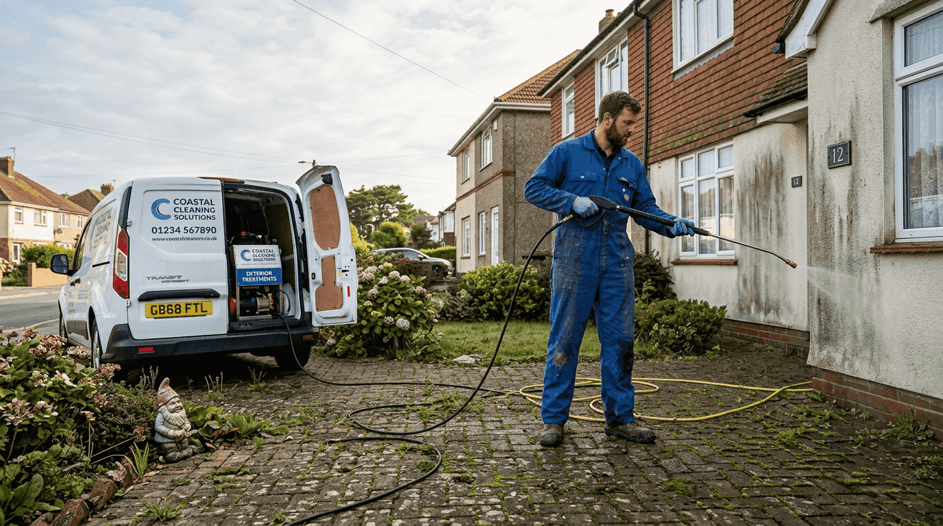 Technician soft washing house exterior with visible tools