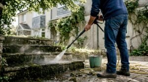 Pressure washing stone steps at Cornwall home