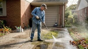 Homeowner pressure washing concrete driveway